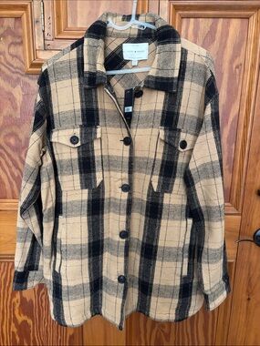 Lucky Brand Black and Tan Plaid tunic length Shacket Jacket